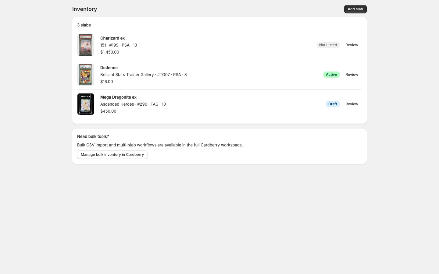 Cardberry inventory showing separate PSA and TAG Pokemon slabs with card identities, grades and Shopify listing states
