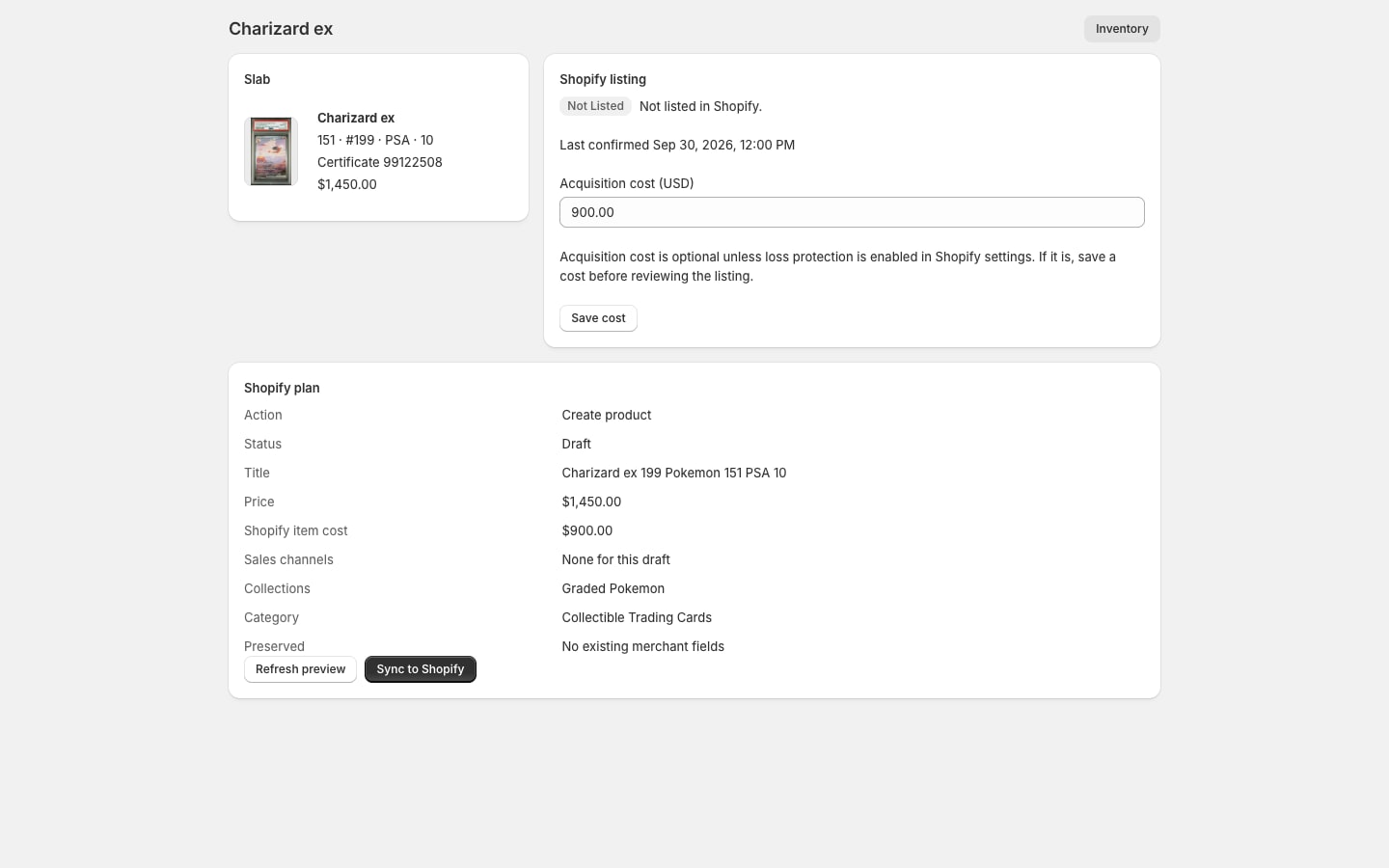 Cardberry Shopify listing preview for a PSA Charizard ex, showing a draft product and fields to review before sync